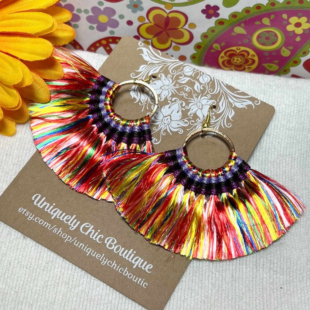 Med Fan Tassel Earrings Multi Hoops Smooth Shiny Silky Fringe Drop Dangles NWT